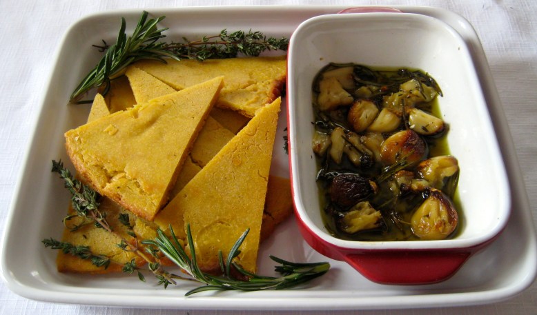 socca with roasted garlic and herbs